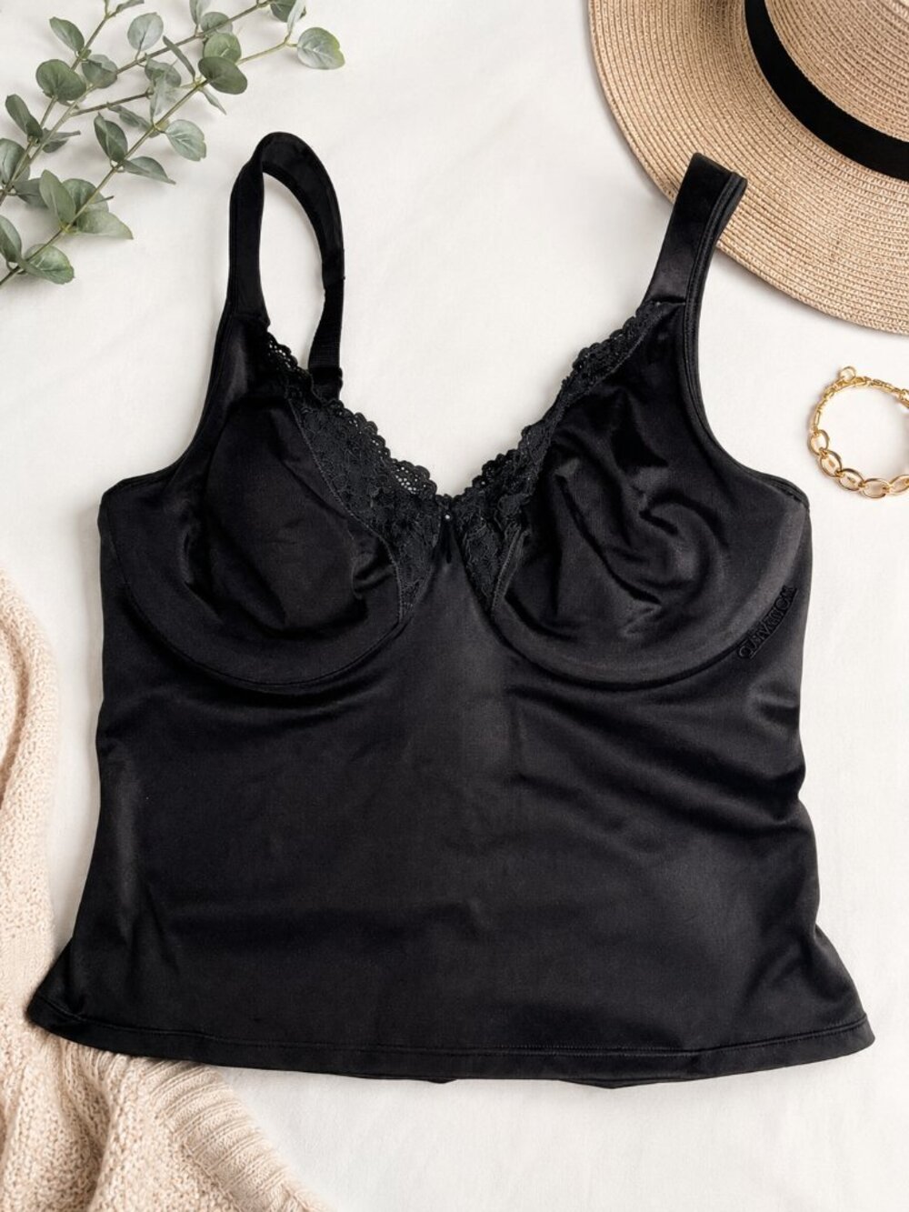 Curvation Black Shaping Cami Bra Top Lace Trim Underwire 36C Smoothing